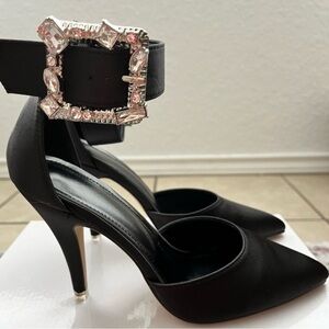 Rhinestone Ankle Straps Pumps Satin Black